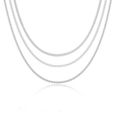 Imagem de 3 colares de prata em camadas para mulheres, corrente de cobra banhada, gargantilha em camadas, ideal para ocasiões especiais, uso diário, uso sozinho ou empilhado na praia de verão.