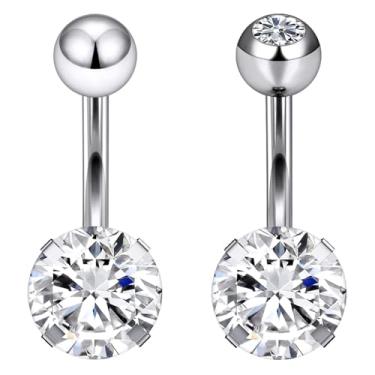 Imagem de Anéis de umbigo de 14 g de aço inoxidável cirúrgico redondo transparente CZ brinco de umbigo barra de umbigo pequeno anel de umbigo para mulheres joias curtas 6 mm, 8 mm, 10 mm, 12 mm, 14 mm, prata