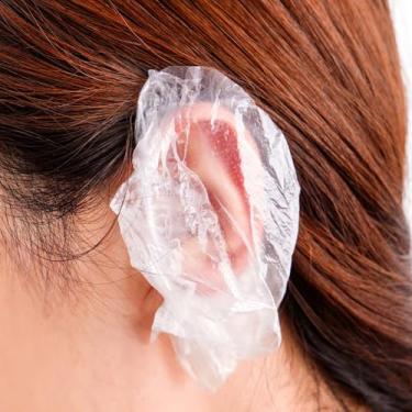 Imagem de 50 capas de ouvido para chuveiro, protetores de ouvido descartáveis à prova d'água, protetores de ouvido de plástico transparente elástico para salão de beleza, chuveiro