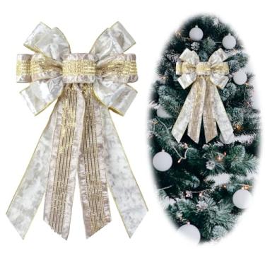 Imagem de Blinket Grande laço de guirlanda de Natal, branco, bege, luxuoso, veludo, dourado, ondulado, laço de fita para guirlanda, decoração de topo de árvore de Natal para decoração de festa de Natal em casa