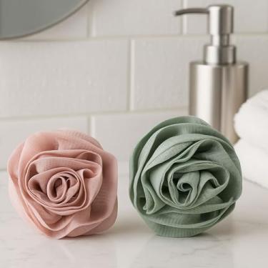 Imagem de Esponja de bucha para mulheres, 50 g, esponjas de banho para esfoliante corporal, acessórios de banho, 2 peças (rosa + verde)
