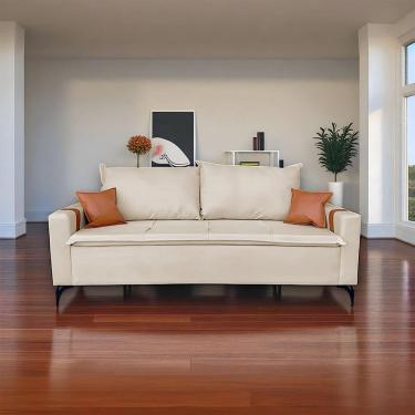 Imagem de Sofá Living Madri 2 Lugares 1,40m Linho Bege com Detalhe no Braço em Corino Caramelo