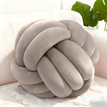 Imagem de Adlbbkiy Bola de almofada cinza com nó de 21 cm, almofada redonda macia feita à mão com nó, almofada de pelúcia para decoração de casa, almofada de travesseiro de pelúcia com nó, para quarto, sofá de