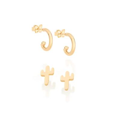 Imagem de Kit Rommanel Banhado A Ouro Brincos Cacto E Argolinha Primeiro E Segundo Furo 526431