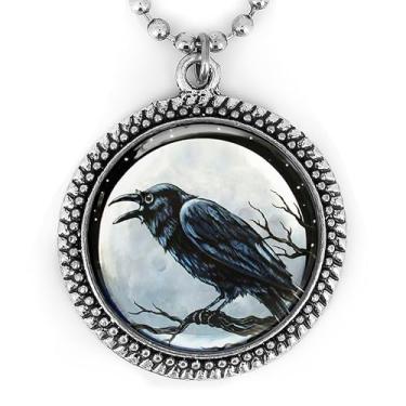 Imagem de Colar Raven Nevermore - Lua Cheia, Corvo Gótico, Dia das Bruxas Assustador, Joia Artesanal, Prata ou Preta - 97-RN, Large, Metal, Sem Pedra Preciosa