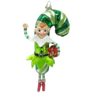 Imagem de December Diamonds Enfeite de vidro de elfo de bengala doce verde com enfeites de feltro e plástico de 18 cm