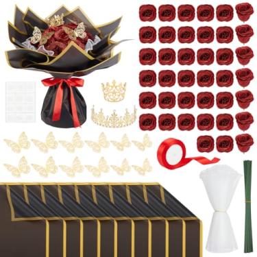 Imagem de BENECREAT 40 conjuntos de buquê de flores DIY com rosas artificiais com glitter, papel de embrulho de flores, borboletas 3D, coroas e caules para aniversários, casamentos, formatura, decoração de casa