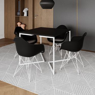 Imagem de Mesa Jantar Industrial Quadrada Preta 90Cm Base V Com 4 Poltronas Pretas Ferro Branco Marrom