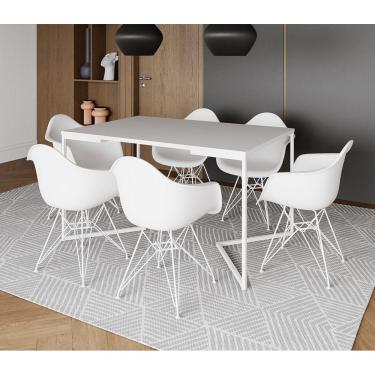 Imagem de Mesa Industrial Jantar Branca 137X90Cm Base V Com 6 Poltronas Brancas Ferro Branco Marrom