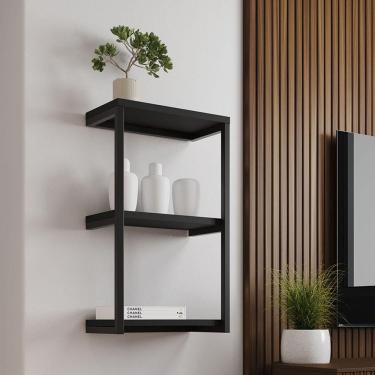 Imagem de Nicho De Parede Industrial Para Quarto 3 Prateleiras Milão - Preto - Preto