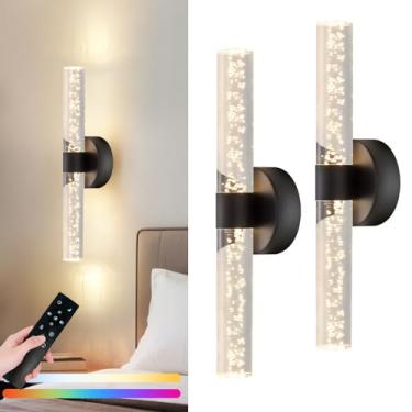 Imagem de Arandelas de parede pretas sem fio operadas por bateria, pacote com 2, 10.0000 mAh LED com controle remoto regulável, 9 cores com cristal bolha, 3 temperaturas de cor, luzes de temporização RGB para