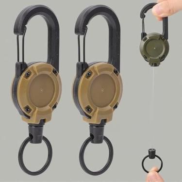 Imagem de 2 peças chaveiro retrátil esportivo ao ar livre carretel de puxar mosquetão mola chaveiro de metal anti-roubo fivela fácil de puxar, cáqui