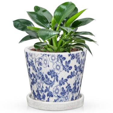 Imagem de Vaso de cerâmica para plantas, vaso azul e branco de 14 cm para plantas, vasos pequenos de chinoiserie com orifício de drenagem e pires, vasos de flores azuis de aço inoxidável para suculentas, cactos