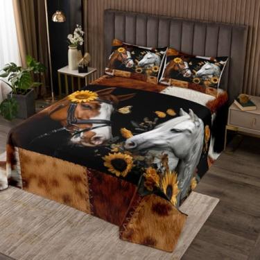 Imagem de Manfei Colcha de cavalo tamanho solteiro, conjunto de colcha de borboleta de girassol amarelo, 2 peças, estampa abstrata de pele de vaca marrom, colcha acolchoada com 1 fronha, decoração de quarto de