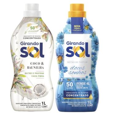 Imagem de Kit Amaciante Concentrado Girando Sol Coco e Baunilha Doces Sonhos 1L Azul Roupas Macias Cheiro Suave e Duradouro 2 Unidades Rende 100 Lavagens