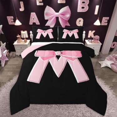 Imagem de jejeloiu Conjunto de edredom com laço rosa kawaii, presente para mulheres, adolescentes, tamanho solteiro, conjunto de cama personalizado, letra M, ultramacio, preto e rosa, edredom com monograma