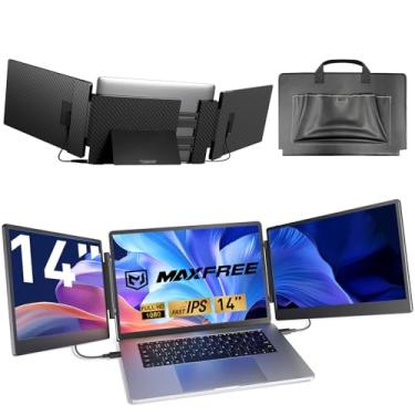 Imagem de Maxfree Extensor de tela para laptop, monitor triplo FHD 1080P de 35.6 cm para laptop de 13,3 a 16,5 polegadas com suporte, HDMI/USB-C, Plug & Play, alto-falantes embutidos, extensor de monitor para