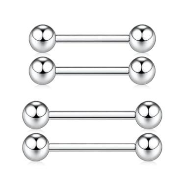 Imagem de QUZIONE Joias de piercing de mamilo, halteres de titânio G23 14G 14 mm 12 mm Anéis de língua rosqueados internamente barra reta, joia corporal hipoalergênica para homens e mulheres, 1 par (prata)