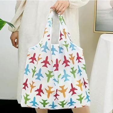 Imagem de 1 bolsa grande para mulheres, bolsa de compras leve e dobrável, bolsa de compras reutilizável, estampa de avião branca