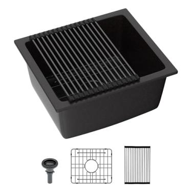 Imagem de Lordear Pia de cozinha composta de granito preto de 45,7 cm x 40,6 cm de quartzo preto fosco embaixo do balcão pia de tigela única com acessórios pretos