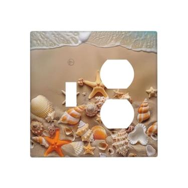 Imagem de SGEDAO Capas decorativas para tomada de praia, mar, oceano, concha, estrela-do-mar, 2 gangues, capa de parede, interruptor único, conjunto duplex, dois interruptores de luz, placa de cobertura jumbo