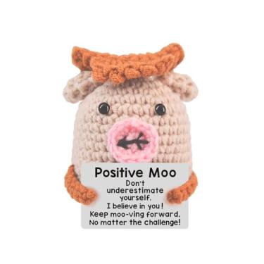 Imagem de Adorável vaca cravejada à mão – Acompanhante de apoio emocional positivo de 7,5 cm com cartão motivacional, decoração de mesa divertida para escritório/casa, presente para amigos/colegas/aniversários