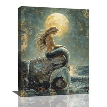 Imagem de Olivine Arte de parede de sereia, decoração de parede com imagens do oceano, pintura de impressão em tela retrô da lua costeira, arte emoldurada para banheiro, quarto, sala de estar, quarto de menina