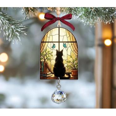 Imagem de BrockShops Gato preto e livro apanhador solar acrílico com cristal - enfeite de acrílico para leitura de gato - decoração de janela de livros - presente para amantes de livros - presente de