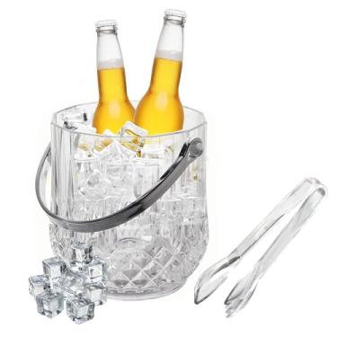 Imagem de WELKOR Balde de gelo de cristal com alça e pinça - Baldes de gelo de champanhe transparente de plástico de 1,1 L para festas, cerveja, vinho, bebidas, coquetéis, refrigerante, suprimentos de bar