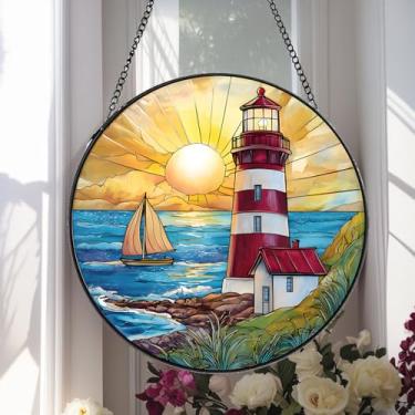 Imagem de JZZNNFEZN Pendentes para vitrais de farol, apanhador de sol de 19 cm para painel de vidro de janela para mulheres, pintados à mão, presentes redondos para amigos da família, presente de inauguração de
