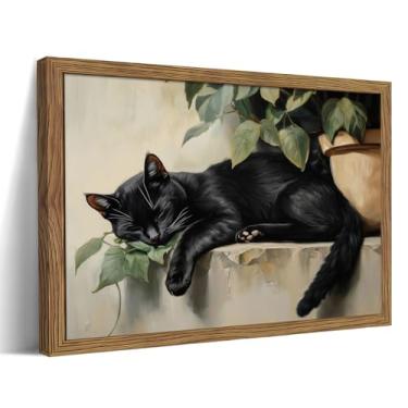 Imagem de Arte de parede emoldurada de gato preto, decoração de parede de imagem de gato dormindo vintage, impressões em tela de pôster de animais fofos, pinturas de plantas rústicas para decoração de sala de