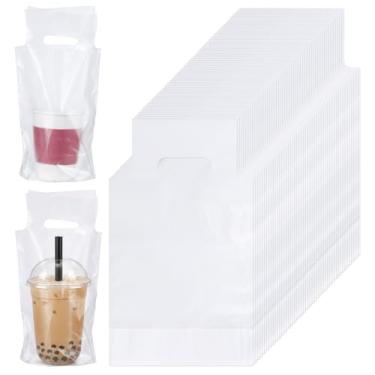 Imagem de Meyeyaia 1000 unidades de transporte de bebidas para entrega, saco de plástico de poli com alça transparente, 1 xícara, saco de plástico para embalagem de bebidas, 15 x 28 cm, porta-copos, sacos para