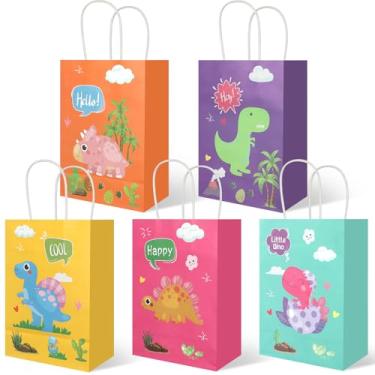 Imagem de 20 peças de sacos de lembrancinha de festa de dinossauro com alças, sacos de papel kraft de desenho animado, sacos de presente para crianças, para meninos e meninas, tema de dinossauro, aniversário,