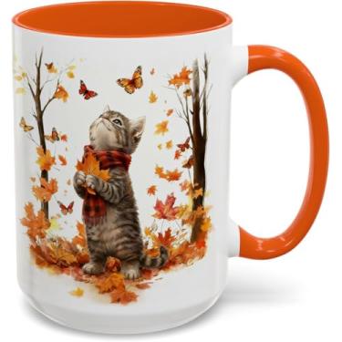 Imagem de BORULEEY Xícara de chá de café de cerâmica branca de 425 g, canecas de café com folhas de bordo de gato, presentes de aniversário para amantes de gatos, caneca de outono fofa, caneca de ação de graças