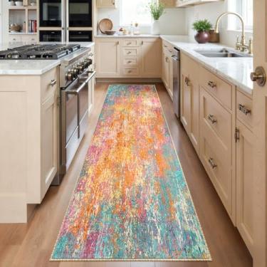 Imagem de RELEANY Tapetes laváveis 6 x 15 cm, antiderrapante, moderno, abstrato, macio para sala de estar, entrada, quarto, berçário, padrão, laranja, azul, rosa, amarelo, colorido