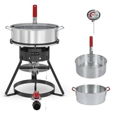 Imagem de Fire Riot Kit de fritadeira de peixe ao ar livre 10QT – Panela de alumínio resistente, cesta de 6,7 QT, fritadeira propano com regulador 0-10 PSI e estrutura de aço – Ideal para frutos do mar e mais