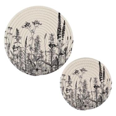 Imagem de Blueangle 2 peças de suporte de panela de trivet de flores pretas e brancas - conjunto de pegadores de panela de tecido redondo - almofadas quentes trançadas de algodão - porta-copos - tapetes de mesa