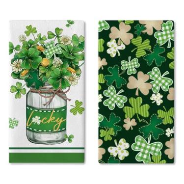 Imagem de Croar Conjunto de 2 panos de prato de cozinha Dia de São Patrício, trevo da sorte, trevo floral, pote de pedreiro, toalha de mão de secagem, pano de cozimento, irlandês, primavera, xadrez, ouro
