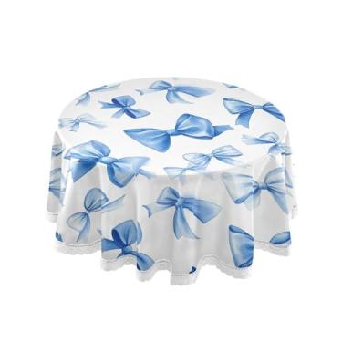 Imagem de SEHANY Toalha de mesa redonda com laço azul de 152 cm, tecido lavável sem rugas, toalha de mesa decorativa de renda para restaurante, casamento, acampamento, festa de cinco de maio