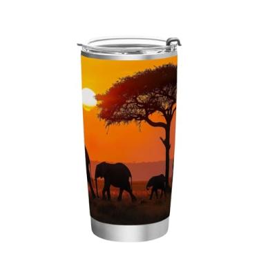 Imagem de Blueangle Copo de 590 ml com tampa e canudo, copo de café com água isolada a vácuo de aço inoxidável, caneca de viagem de família de elefante, copo térmico para bebidas quentes e frias (311)