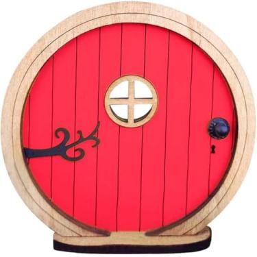 Imagem de Porta vermelha de jardim de fadas para árvores, portas de fadas para árvores ao ar livre e tronco de árvore, mini escultura de jardim de fadas, decoração de porta de contos de fadas, minúsculas portas