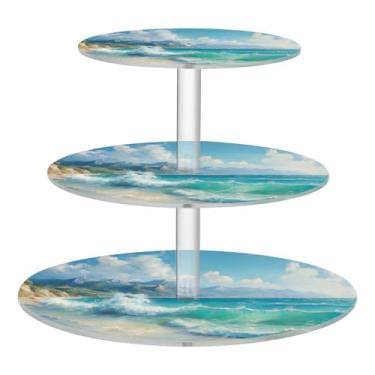 Imagem de Blueangle Suporte redondo de cupcake de 3 camadas – torre de sobremesa acrílica para pintura a óleo do oceano tropical, suporte de sobremesa em camadas antiderrapante para chá de bebê, aniversário
