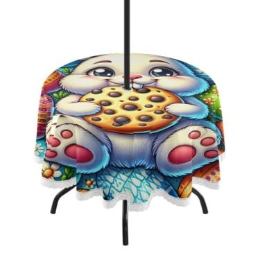 Imagem de ATTX Toalha de mesa redonda Happy Easter Bunny - 152 cm, impermeável, à prova de derramamento, uso interno/externo, com orifício para guarda-chuva com zíper para acampamento, piquenique, praia, festa