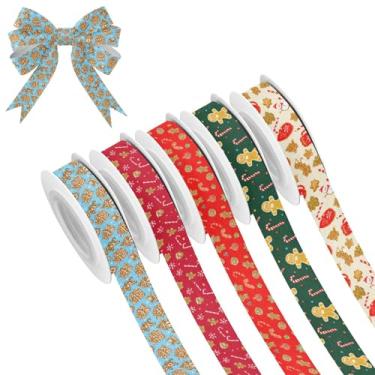 Imagem de SEHANY 5 rolos de fita de Natal 0,59 polegadas 5 jardas fitas de tecido de gengibre de Natal fitas de cetim festivas fitas decorativas de Natal para embrulho de presente faça você mesmo artesanato
