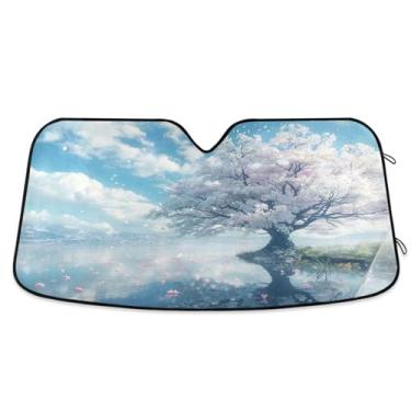 Imagem de ATTX Para-brisa de carro de cerejeira branca 134.6 cm x 59.7 cm Escudo solar universal com proteção UV, persiana de janela frontal automática dobrável para caminhões Sedans SUVs #386