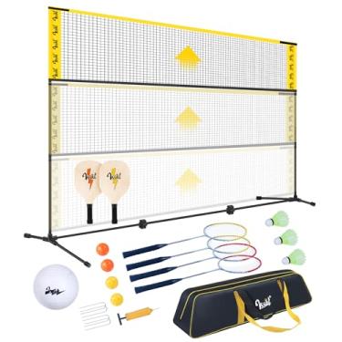 Imagem de VSSAL Conjunto de rede de voleibol portátil multifuncional de badminton de 3 m, meia quadra (3 m de largura x altura máxima de 2 m) pequeno conjunto esportivo ao ar livre com rede ajustável para