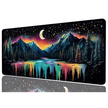 Imagem de Tapete de mesa arco-íris rio para jogos grande mouse pad montanhas pinheiros céu estrelado tapetes de mesa teclado de computador tapete de mouse tapete para laptop escritório decoração de casa 80 cm x
