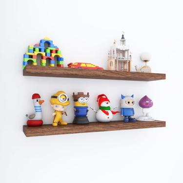 Imagem de Buzleer Prateleiras flutuantes para parede, conjunto de 2 prateleiras de parede de madeira maciça para banheiro, pequena prateleira suspensa para decoração de sala de armazenamento de livros (nogueira
