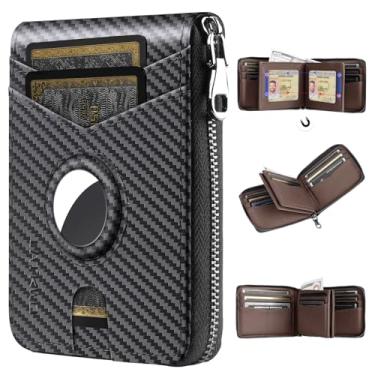 Imagem de Carteira masculina de grandes dimensões com bloqueio de RFID com zíper e 2 janelas para identidade, design de grande capacidade, 13 compartimentos para cartão de crédito, Brown Apple Air Tag