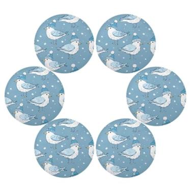 Imagem de Wassud Jogo americano conjunto de 6 gaivotas usando chapéus, tapetes redondos para cozinha e jantar, tapetes laváveis e resistentes ao calor, decoração de mesa 39 cm